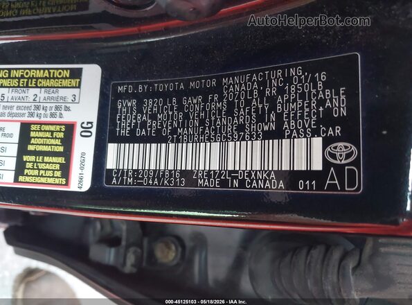 2T1BURHE5GC597633 2016 TOYOTA COROLLA Black Widok komory silnika