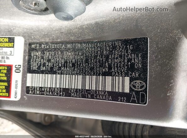 2T1BURHE5GC608372 2016 TOYOTA COROLLA Silver ძრავის განყოფილების ხედი