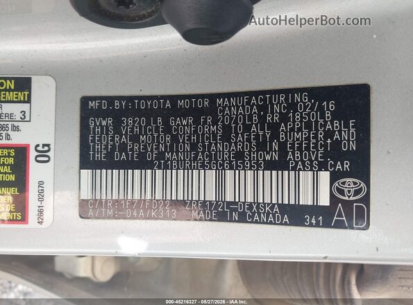 2T1BURHE5GC615953 2016 TOYOTA COROLLA Silver Widok komory silnika