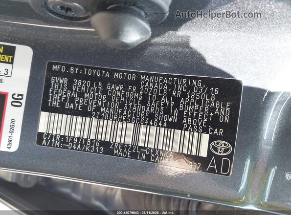 2T1BURHE5GC644644 2016 TOYOTA LL Gray Widok komory silnika