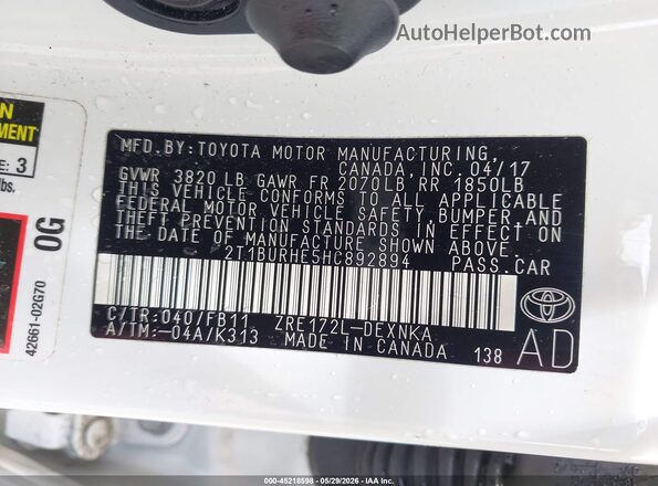 2T1BURHE5HC892894 2017 TOYOTA COROLLA White Շարժիչի բաժամունքի տեսք