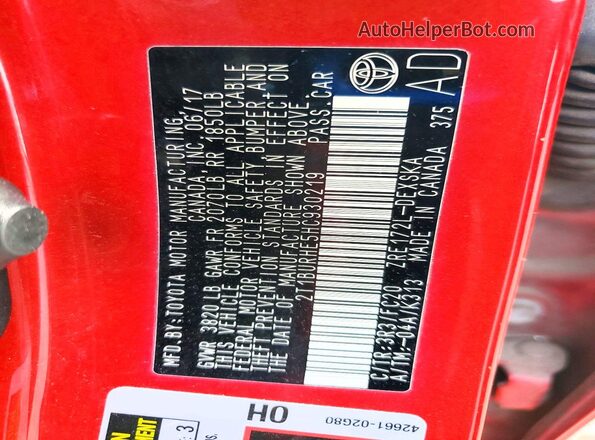 2T1BURHE5HC930219 2017 TOYOTA COROLLA Red 