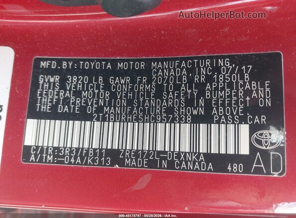 2T1BURHE5HC957338 2017 TOYOTA COROLLA Red Vista del compartimento del motor