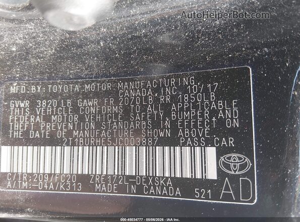 2T1BURHE5JC003887 2018 TOYOTA LL Black ძრავის განყოფილების ხედი