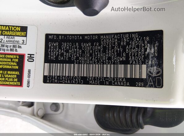 2T1BURHE5JC103715 2018 TOYOTA LL White Widok komory silnika
