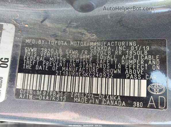 2T1BURHE5KC240932 2019 TOYOTA LL Blue ძრავის განყოფილების ხედი