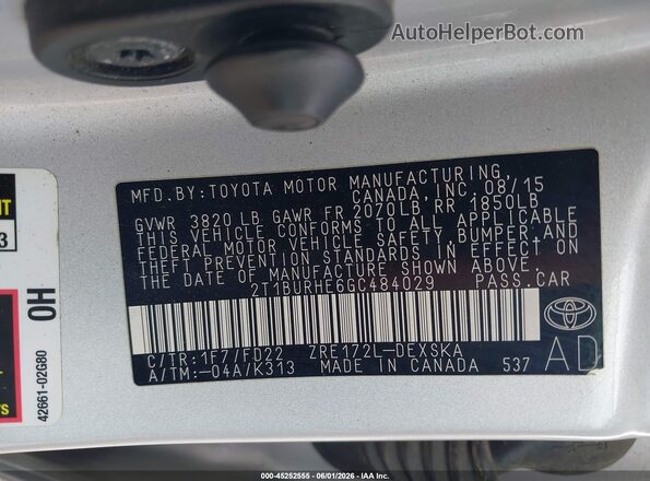 2T1BURHE6GC484029 2016 TOYOTA COROLLA Silver Widok komory silnika
