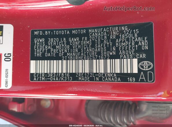 2T1BURHE6GC571672 2016 TOYOTA COROLLA Red 