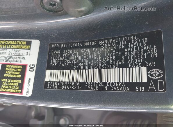 2T1BURHE6GC627092 2016 TOYOTA COROLLA Blue Engine compartment view
