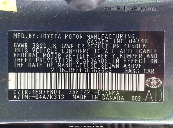 2T1BURHE6GC662652 2016 TOYOTA LL Gray ძრავის განყოფილების ხედი