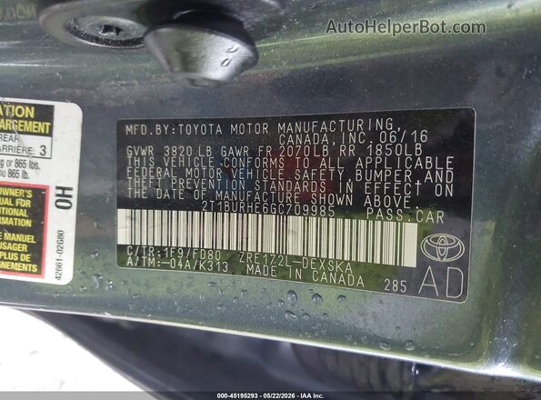 2T1BURHE6GC709985 2016 TOYOTA COROLLA Gray 
