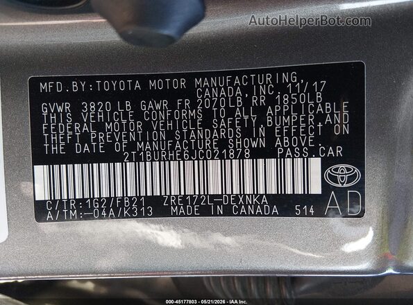 2T1BURHE6JC021878 2018 TOYOTA COROLLA Gray Շարժիչի բաժամունքի տեսք