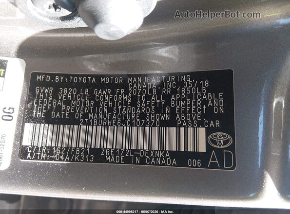 2T1BURHE6JC107370 2018 TOYOTA LL Gold ძრავის განყოფილების ხედი