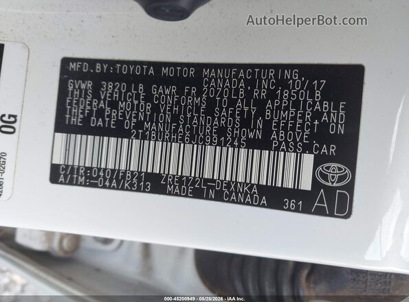 2T1BURHE6JC991245 2018 TOYOTA COROLLA White ძრავის განყოფილების ხედი