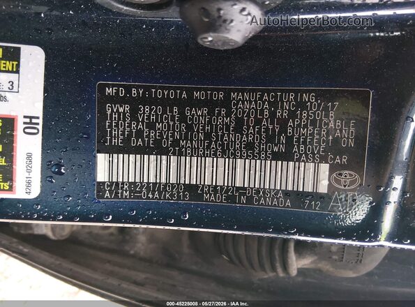2T1BURHE6JC995585 2018 TOYOTA COROLLA Blue Vista del compartimento del motor