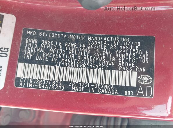 2T1BURHE6KC143352 2019 TOYOTA COROLLA Red 