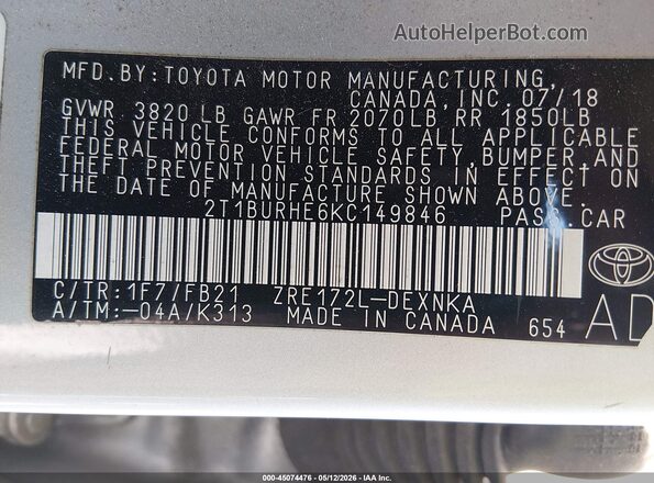 2T1BURHE6KC149846 2019 TOYOTA LL Silver 