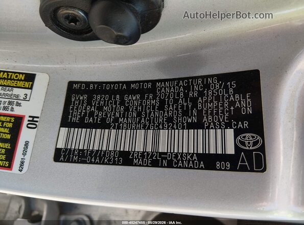2T1BURHE7GC492401 2016 TOYOTA COROLLA Silver Widok komory silnika