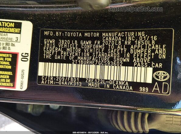 2T1BURHE7GC593602 2016 TOYOTA LL Black 