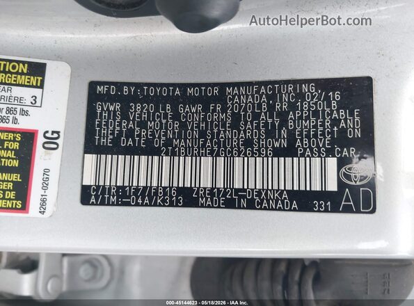 2T1BURHE7GC626596 2016 TOYOTA COROLLA Gray 