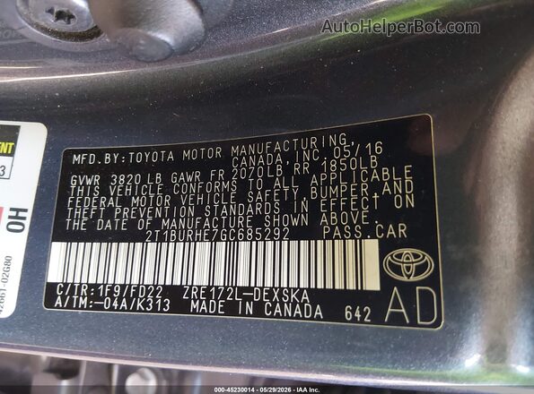 2T1BURHE7GC685292 2016 TOYOTA COROLLA Gray Вид підкапотного простору