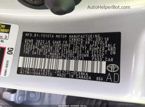 2T1BURHE7GC730571 2016 TOYOTA COROLLA Silver 
