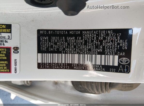 2T1BURHE7HC833006 2017 TOYOTA COROLLA Белый Вид подкапотного пространства