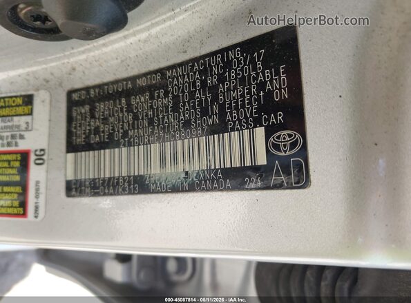 2T1BURHE7HC880987 2017 TOYOTA LL Silver ძრავის განყოფილების ხედი