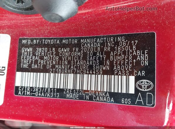 2T1BURHE7HC944459 2017 TOYOTA LL Red Вид підкапотного простору