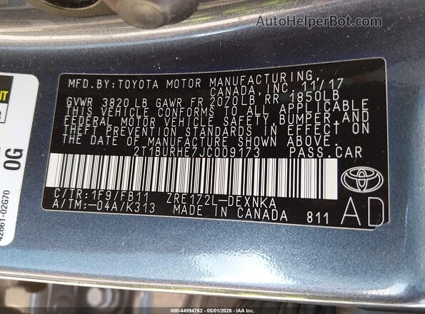 2T1BURHE7JC009173 2018 TOYOTA LL Gray 