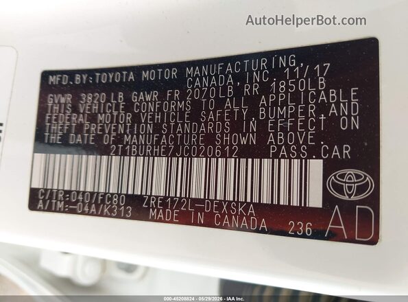 2T1BURHE7JC020612 2018 TOYOTA COROLLA White Շարժիչի բաժամունքի տեսք