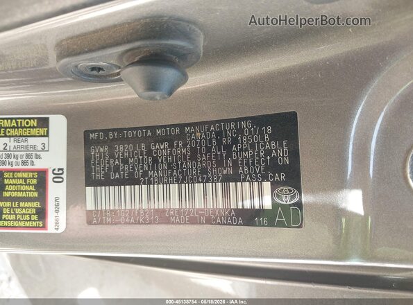 2T1BURHE7JC047387 2018 TOYOTA COROLLA Gray Вид підкапотного простору