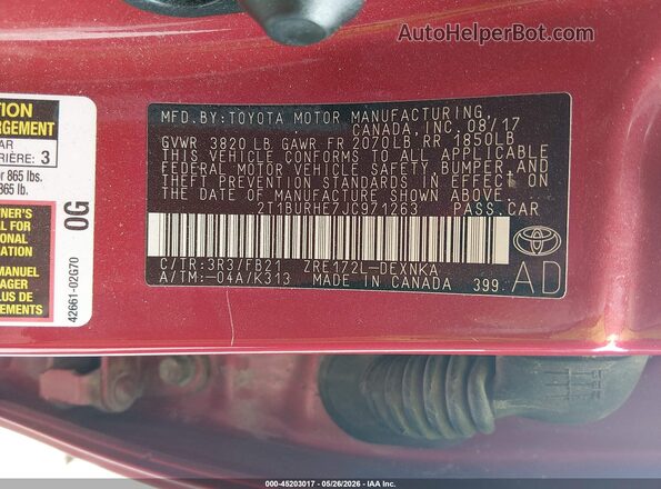 2T1BURHE7JC971263 2018 TOYOTA COROLLA Red Շարժիչի բաժամունքի տեսք