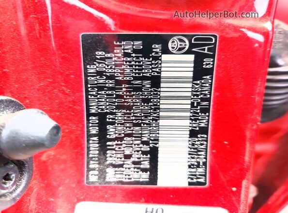 2T1BURHE7KC138032 2019 TOYOTA COROLLA Red VIN կոդի պիտակի տեսք