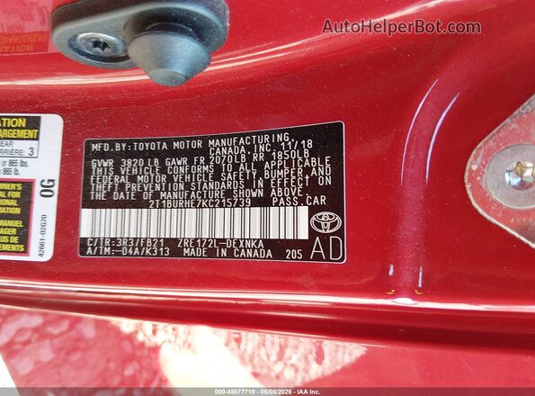 2T1BURHE7KC215739 2019 TOYOTA LL Red Widok komory silnika