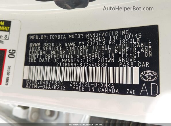 2T1BURHE8GC540889 2016 TOYOTA COROLLA White Widok komory silnika