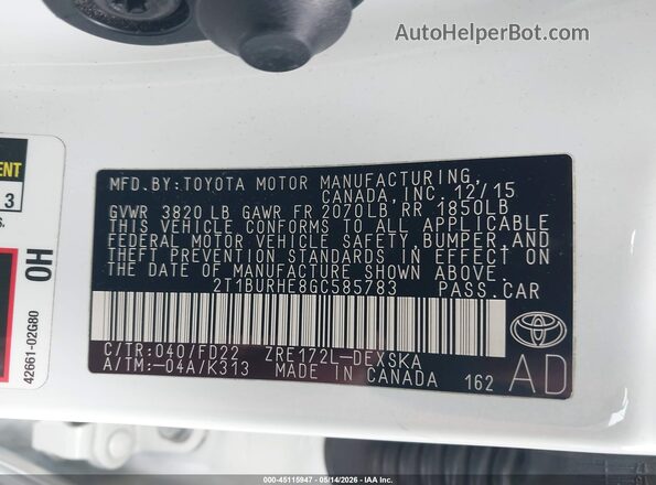 2T1BURHE8GC585783 2016 TOYOTA COROLLA White Շարժիչի բաժամունքի տեսք