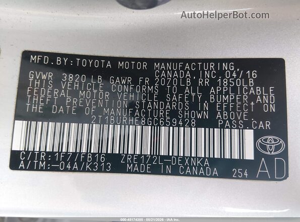 2T1BURHE8GC659428 2016 TOYOTA COROLLA Серебряный Вид подкапотного пространства