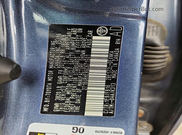 2T1BURHE8GC671501 2016 TOYOTA COROLLA Blue 