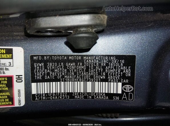 2T1BURHE8GC739201 2016 TOYOTA LL Blue Vista del compartimento del motor