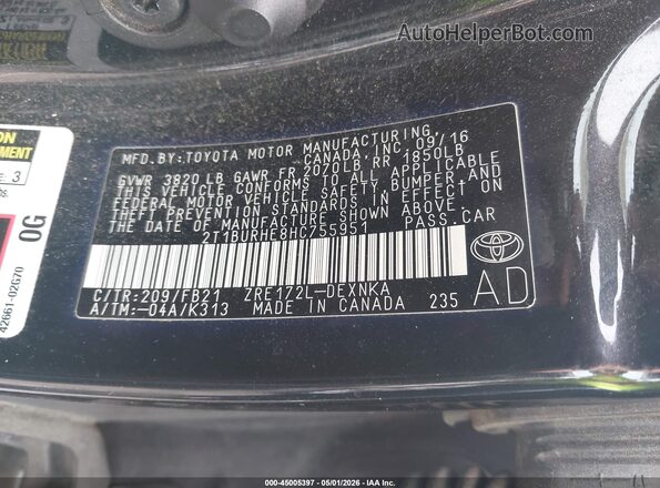 2T1BURHE8HC755951 2017 TOYOTA LL Black Vista del compartimento del motor