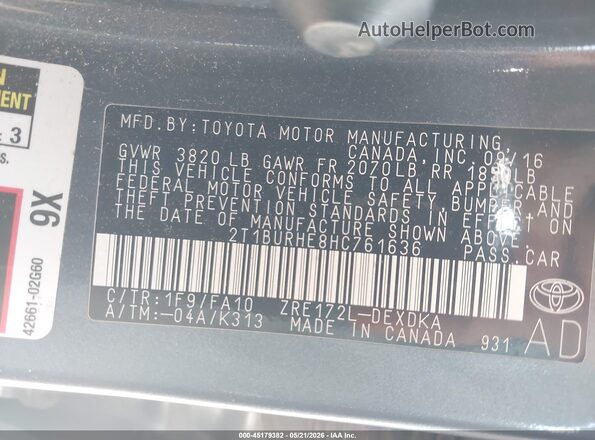 2T1BURHE8HC761636 2017 TOYOTA COROLLA Gray 
