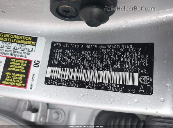 2T1BURHE8HC805201 2017 TOYOTA COROLLA Silver Շարժիչի բաժամունքի տեսք