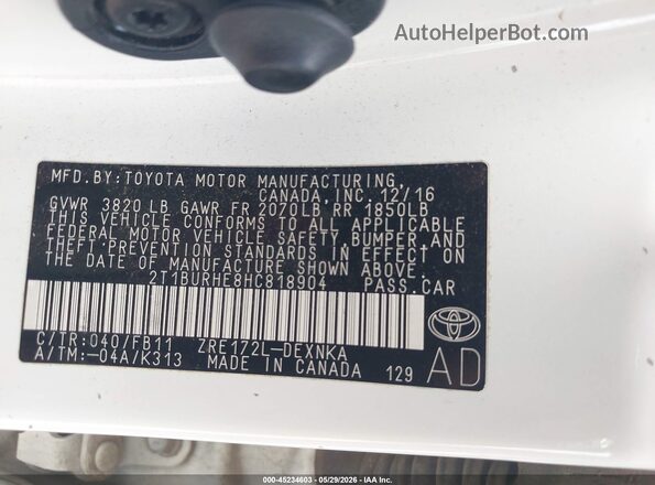 2T1BURHE8HC818904 2017 TOYOTA COROLLA White ძრავის განყოფილების ხედი