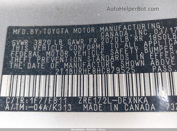 2T1BURHE8HC879525 2017 TOYOTA LL Silver 