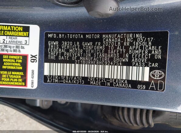 2T1BURHE8HC924754 2017 TOYOTA COROLLA Gray Vista del compartimento del motor