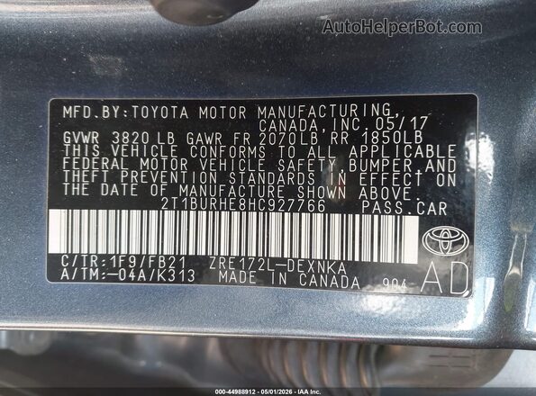 2T1BURHE8HC927766 2017 TOYOTA LL Gray Շարժիչի բաժամունքի տեսք