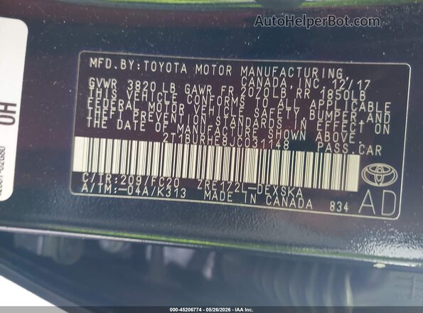 2T1BURHE8JC031148 2018 TOYOTA COROLLA Black Widok komory silnika