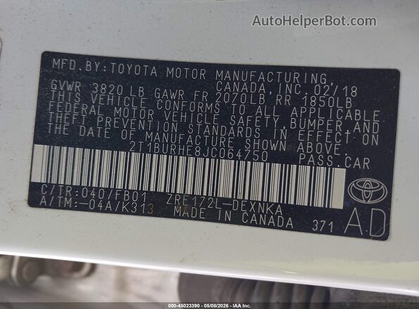 2T1BURHE8JC064750 2018 TOYOTA LL White Widok komory silnika