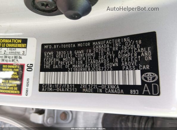 2T1BURHE8JC067275 2018 TOYOTA LL Серебряный Вид подкапотного пространства